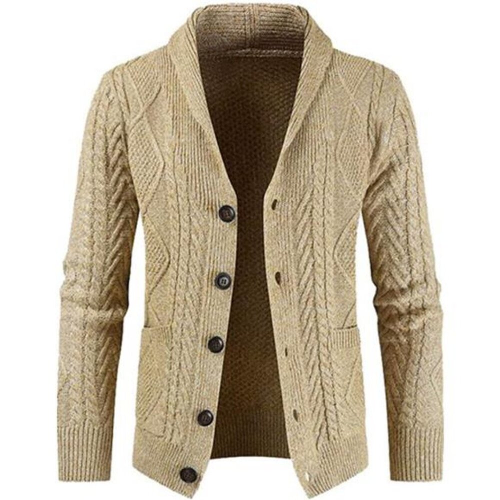 Men's Casual Long Sleeve Shawl Collar Buttons Down Cable Knit Cardigan Sweater